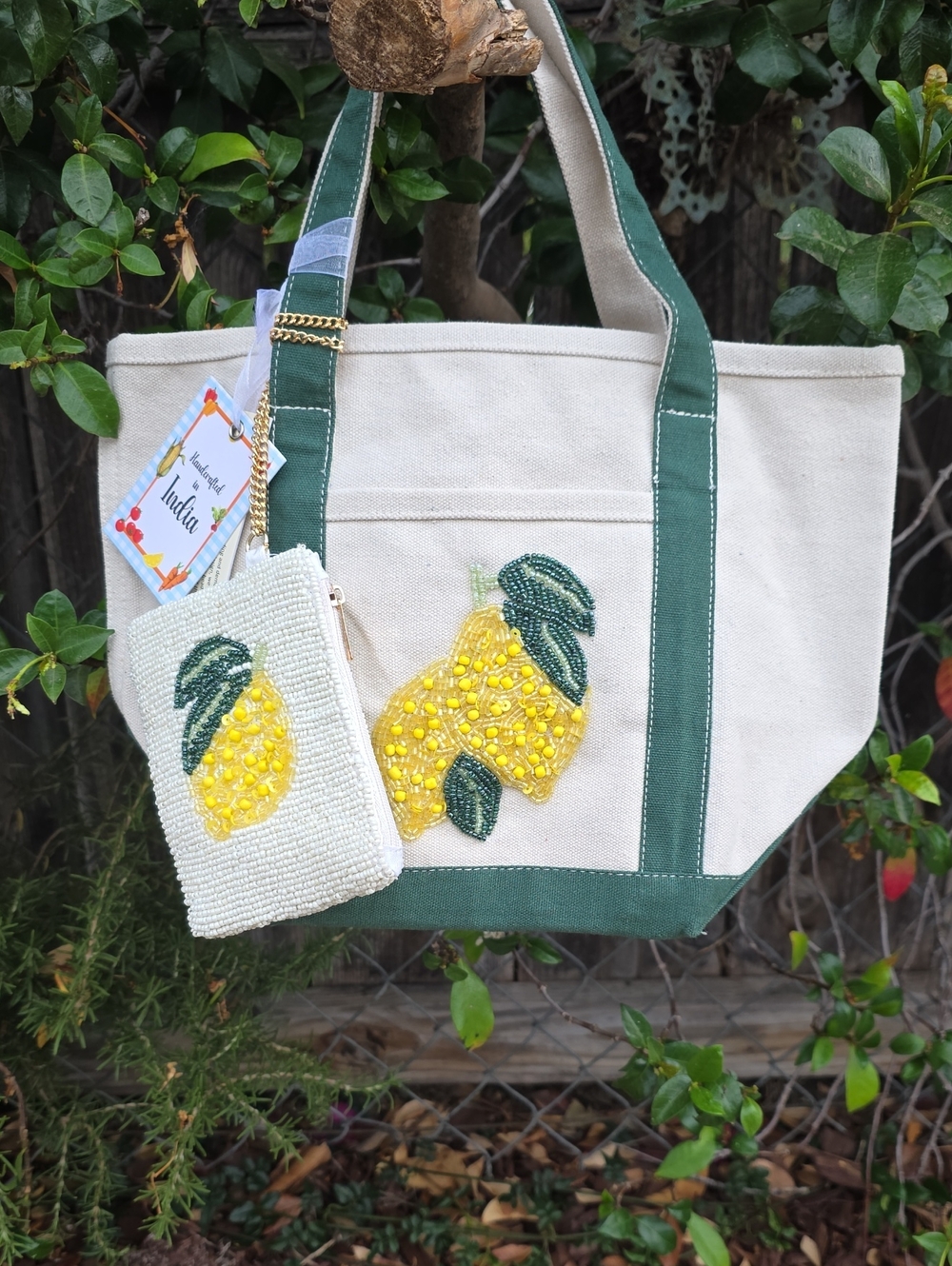 Lemon Beaded Canvas Tote with Matching Coin Purse